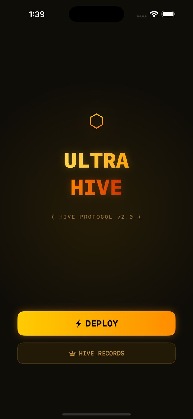 UltraHive title screen with hexagonal logo, Deploy, and Hive Records buttons
