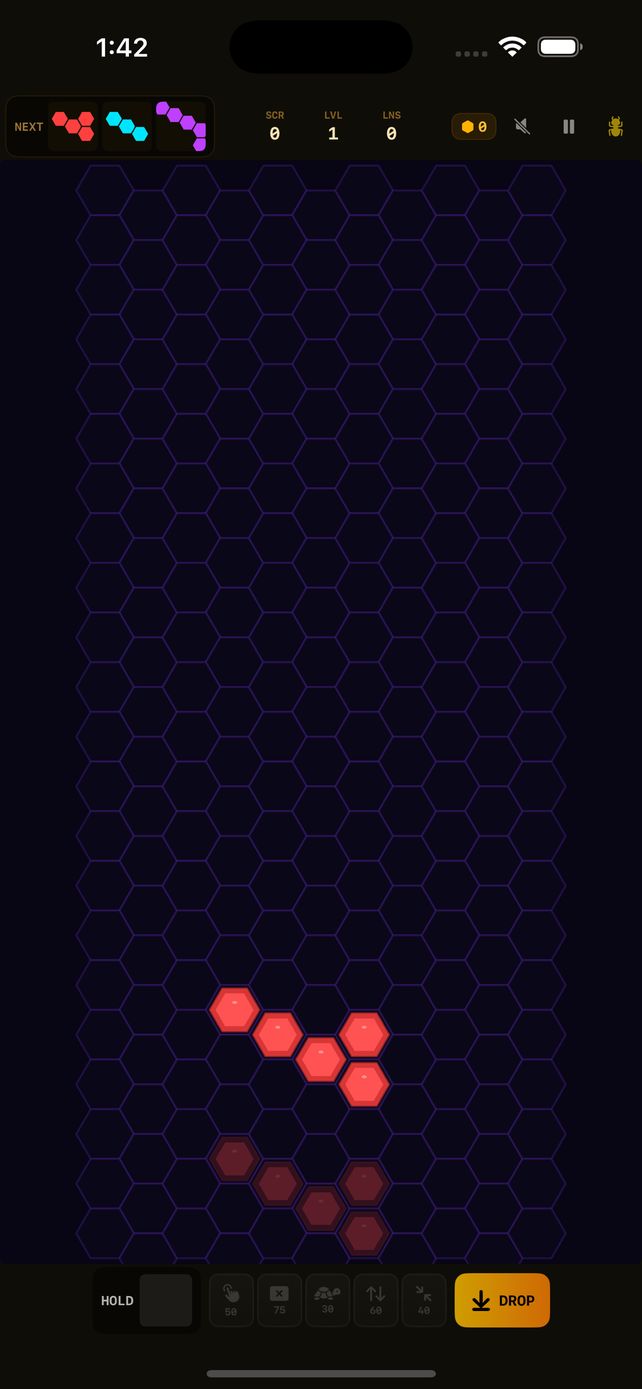 UltraHive gameplay on an 11-column honeycomb grid with a falling hex piece and ghost landing preview