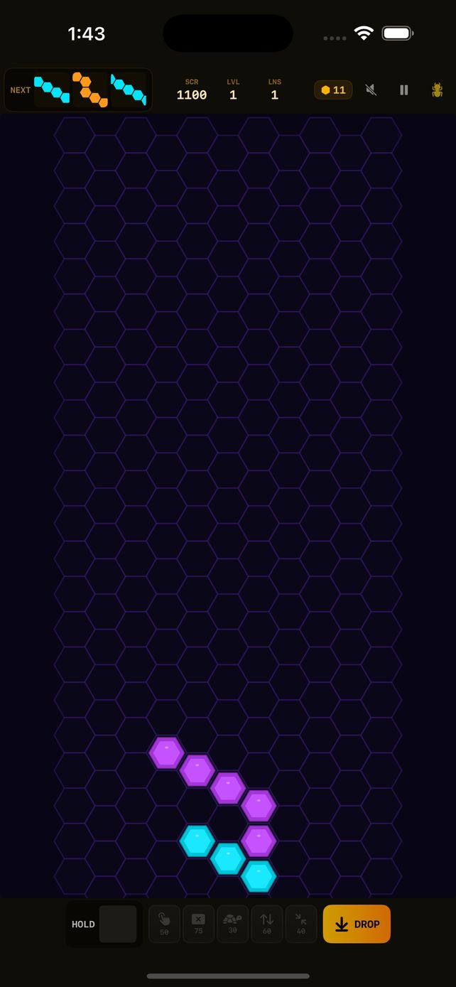 UltraHive mid-game honeycomb board with stacked hex pieces, score, and five power-up buttons